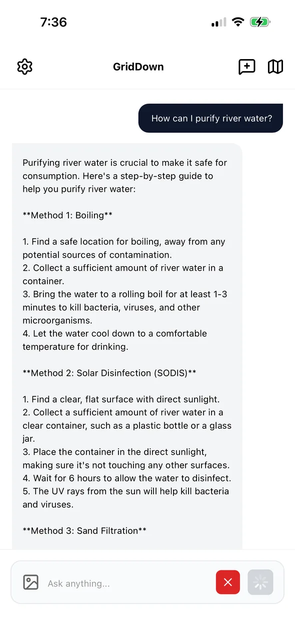 GridDown AI answering how to purify river water, with boiling, solar disinfection, and sand filtration methods