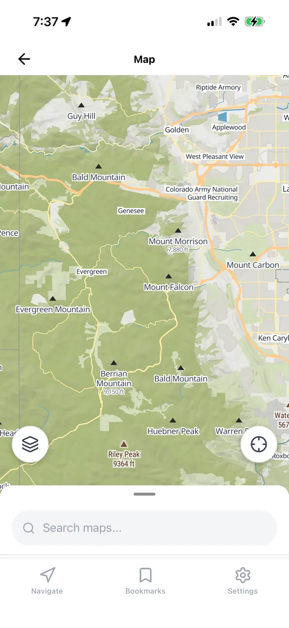GridDown offline map with 3D terrain shading over the Colorado foothills